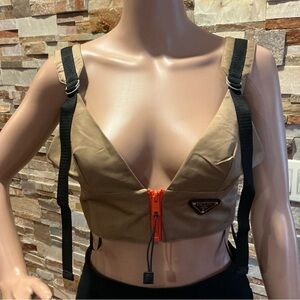 Prada Re Nylon Khaki and Black Crop Vest with Orange Zip